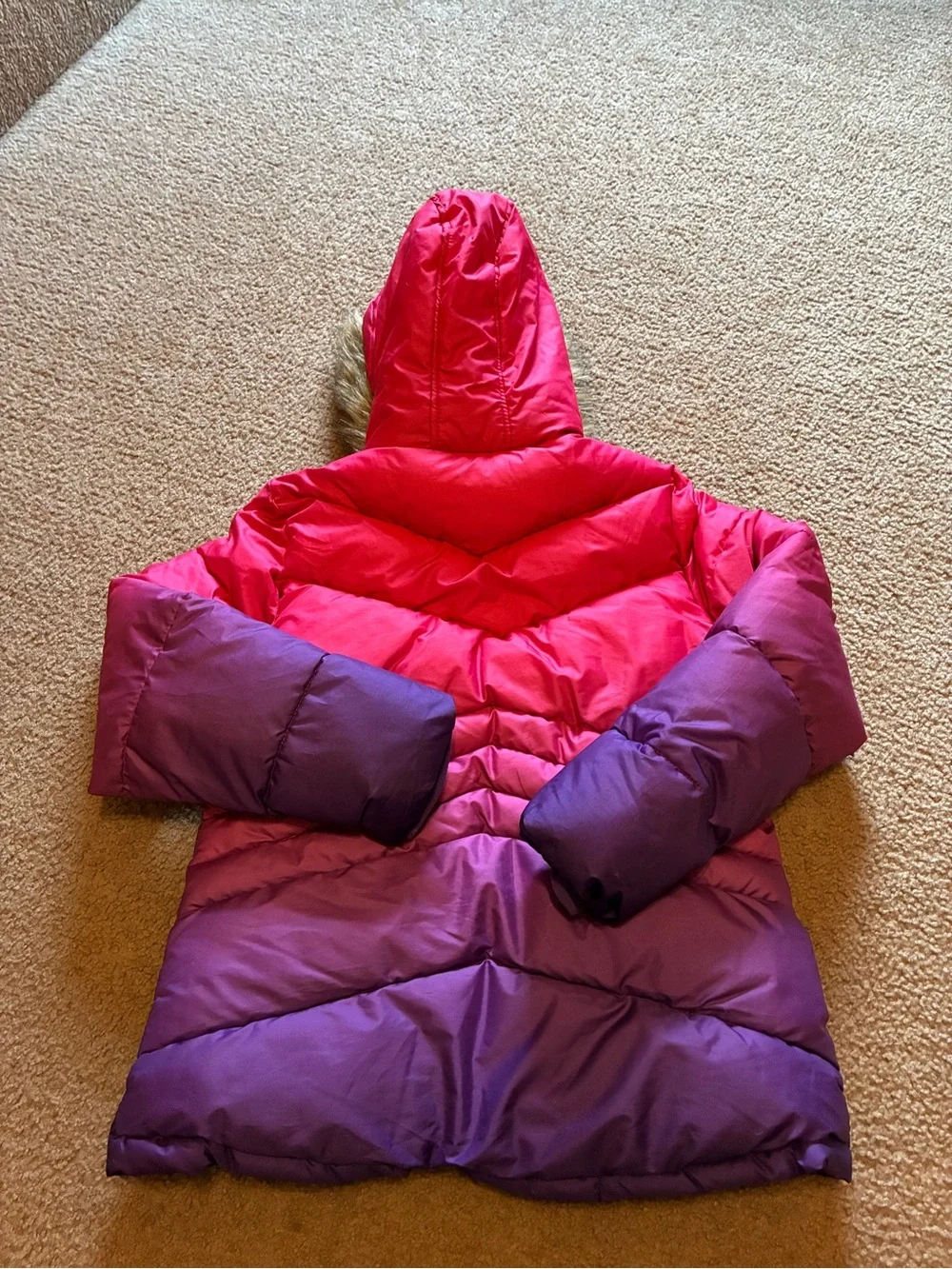 Arizona Jean Company Girls Pink to Purple Ombre Puffer Jacket with Faux Fur Hood
